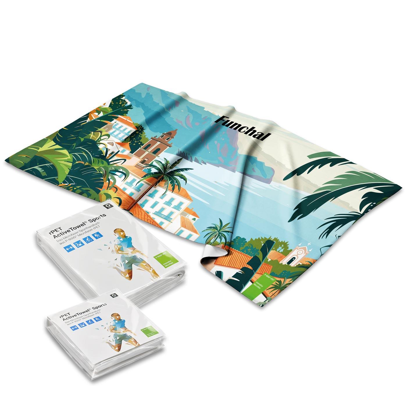 rPET ActiveTowel® Sports 130x70 cm im Polybeutel mit Klappkarte, All-Inklusive-Paket