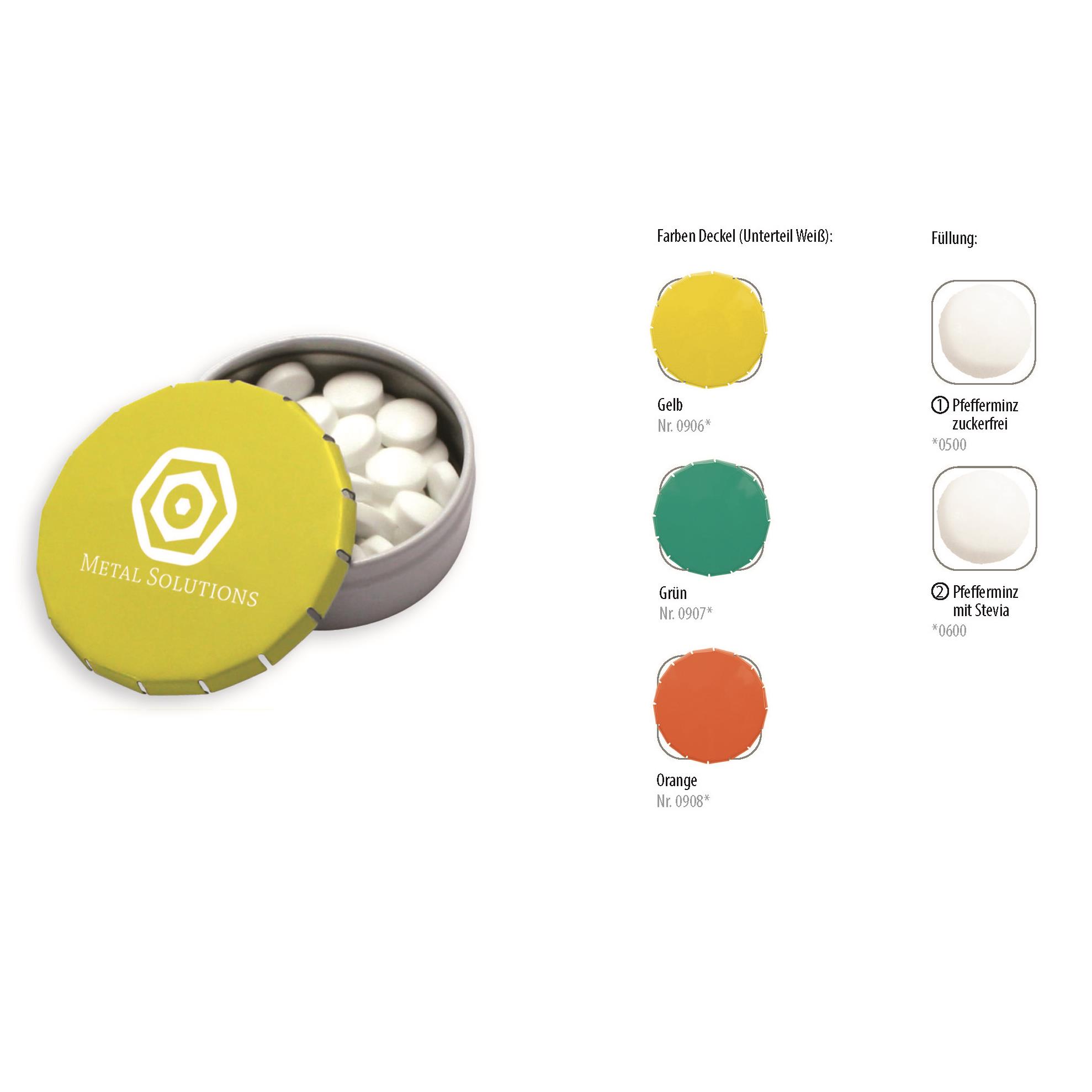 Klick-Dose-45 Duo Colour, orange / weiß 12 g, Inhalt: Pfefferminz-Pastillen; Stevia