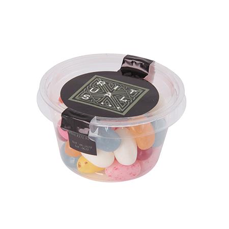 Transparenter biologisch abbaubarer Becher mit separatem Deckerl, Füllung 60 gr. Carletties und Jelly Beans
