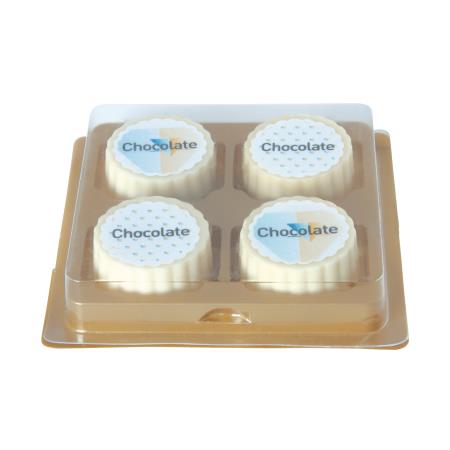 Logo-Praline aus weißer Schokolade mit Haselnuss Praliné Füllung, rechteckig oder rund, bis 4-c-bedruckt, 4er Verpackung