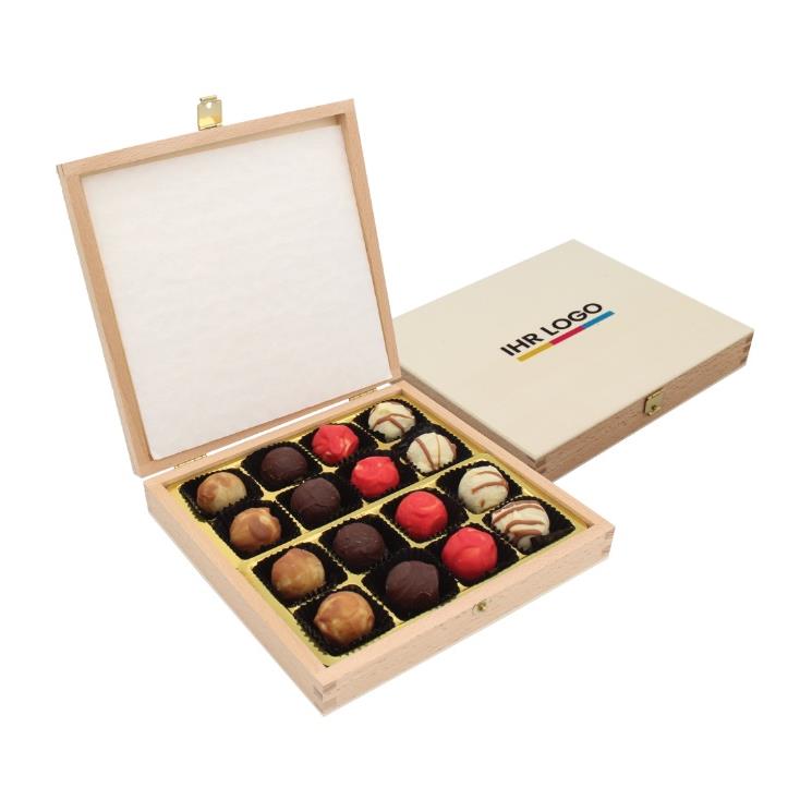 Pralinenbox Holz 16er bedruckter Deckel
