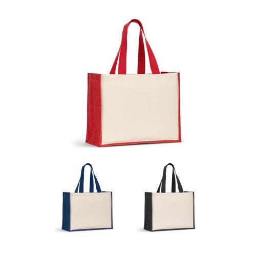 HELSINQUE COLOUR. Tasche aus Canvas (320 g/m²), mit Boden und Seiten aus farbig laminierter Jute (350 g/m²)